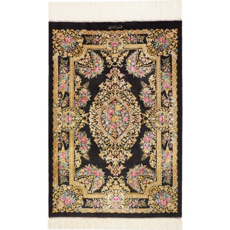 Tappeto Ghom Seta Persia Medaglione Nero Oro 61x90 Cm