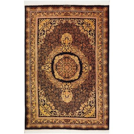 Tappeto Ghom Seta Persia Medaglione Nero Oro 135x200 Cm