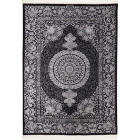 Tappeto Ghom Seta Persia Medaglione Nero Argento 138x195 Cm