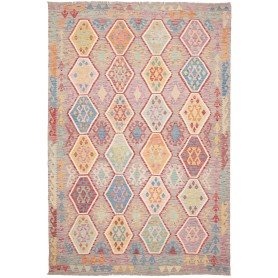 Tappeto Kilim Afghanistan Geometrico Grigio Multicolore 205x