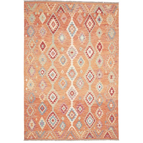 Tappeto Kilim Afghanistan Geometrico Arancio Azzurro 205x298