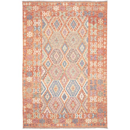 Tappeto Kilim Afghanistan Geometrico Arancio Blu 202x302 Cm