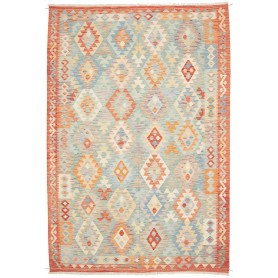 Tappeto Kilim Afghanistan Geometrico Celeste Arancio 198x296