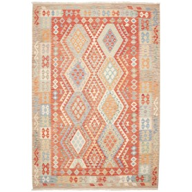 Tappeto Kilim Afghanistan Geometrico Terracotta Celeste 209x