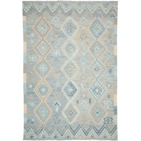 Tappeto Kilim Afghanistan Geometrico Blu Azzurro Grigio 204x