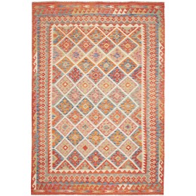 Tappeto Kilim Afghanistan Astratto Terracotta Blu 205x294 Cm