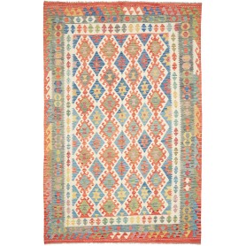 Tappeto Kilim Afghanistan Geometrico Bianco Blu 195x299 Cm