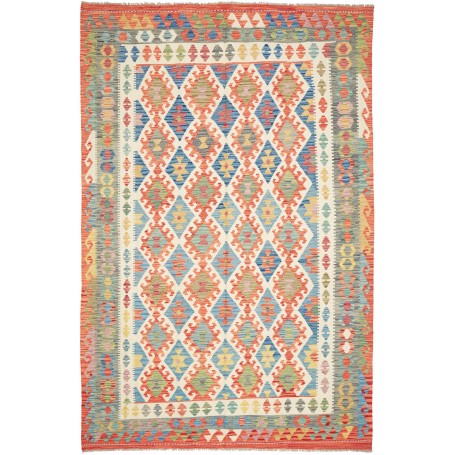 Tappeto Kilim Afghanistan Geometrico Bianco Blu 195x299 Cm