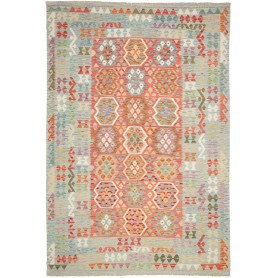 Tappeto Kilim Afghanistan Geometrico Azzurro Corallo 209x309