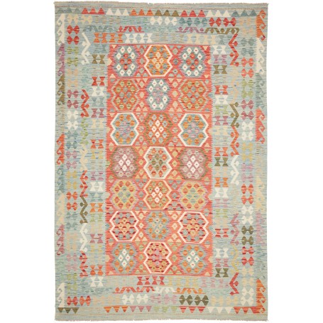 Tappeto Kilim Afghanistan Geometrico Azzurro Corallo 209x309