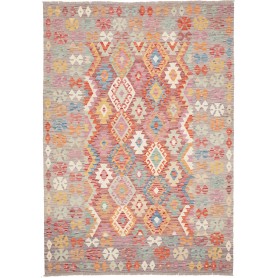 Tappeto Kilim Afghanistan Geometrico Grigio Rosso 174x241 Cm