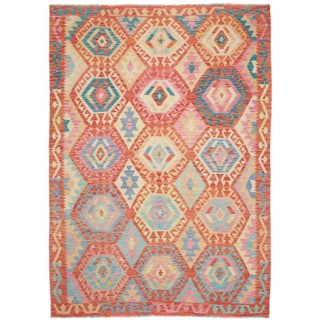 Tappeto Kilim Afghanistan Geometrico Terracotta Azzurro 181x