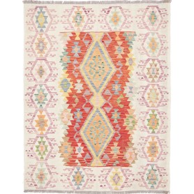 Tappeto Kilim Afghanistan Geometrico Crema Rosso 150x200 Cm