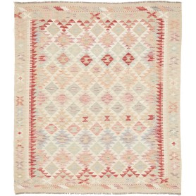 Tappeto Kilim Afghanistan Geometrico Crema Rosso 154x195 Cm
