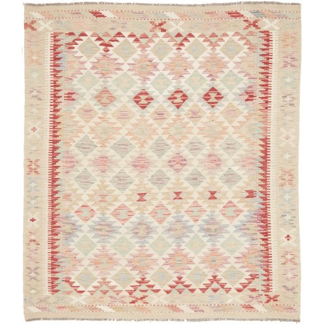 Tappeto Kilim Afghanistan Geometrico Crema Rosso 154x195 Cm
