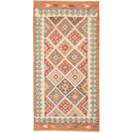 Tappeto Kilim Afghanistan Geometrico Arancio Azzurro 102x198