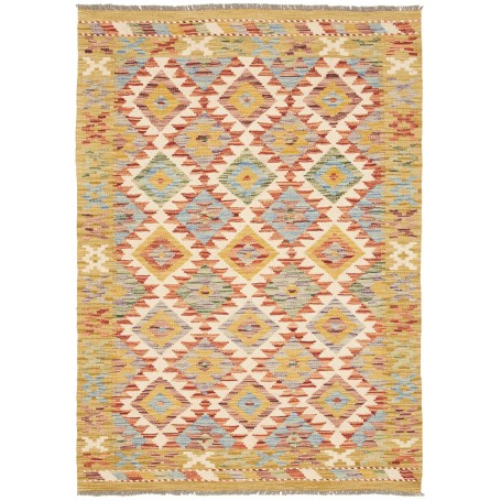 Tappeto Kilim Afghanistan Astratto Crema Giallo Azzurro 104x