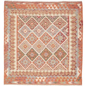 Tappeto Kilim Afghanistan Geometrico Arancio Blu 153x160 Cm