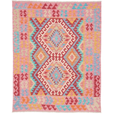 Tappeto Kilim Afghanistan Geometrico Rosa Rosso 134x167 Cm