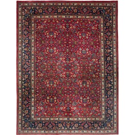 Tappeto Mashad Persia Floreale Rosso Blu Scuro 304x395 Cm