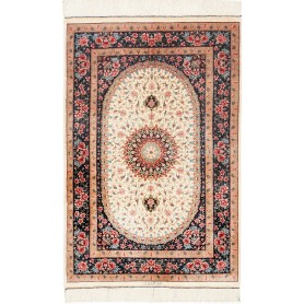 Tappeto Ghom Seta Persia Medaglione Crema Blu 80x122 Cm