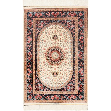 Tappeto Ghom Seta Persia Medaglione Crema Blu 80x122 Cm