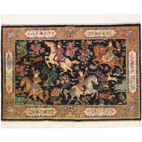 Tappeto Ghom Seta Persia Floreale Nero Colori Vivaci 80x115
