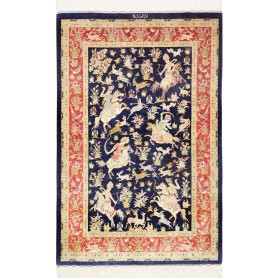 Tappeto Ghom Seta Persia Floreale Blu Notte Rosso 97x147 Cm