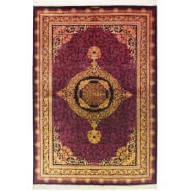 Tappeto Ghom Seta Persia Medaglione Amaranto Nero 156x231 Cm