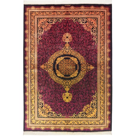 Tappeto Ghom Seta Persia Medaglione Amaranto Nero 156x231 Cm