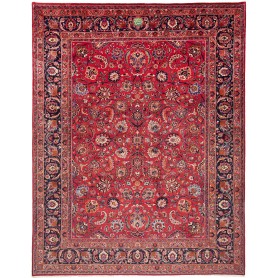 Tappeto Mashad Persia Medaglione Rosso Blu 303x383 Cm