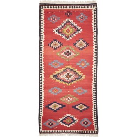Tappeto Kilim Vintage Persia Rosso Terracotta Blu 200x445 cm