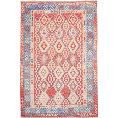 Tappeto Kilim Afghanistan Rosso Corallo Azzurro 207x306 cm
