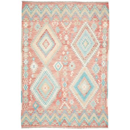 Tappeto Kilim Afghanistan Rosa Terracotta Azzurro 204x299 cm
