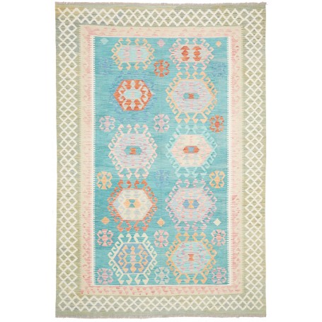 Tappeto Kilim Afghanistan Turchese Corallo 203x297 cm