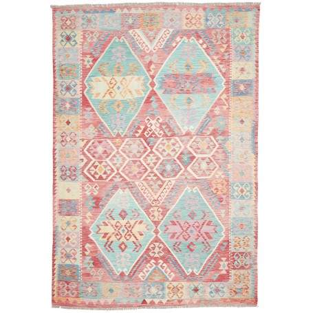 Tappeto Kilim Afghanistan Rosso Corallo Turchese Acquamarina