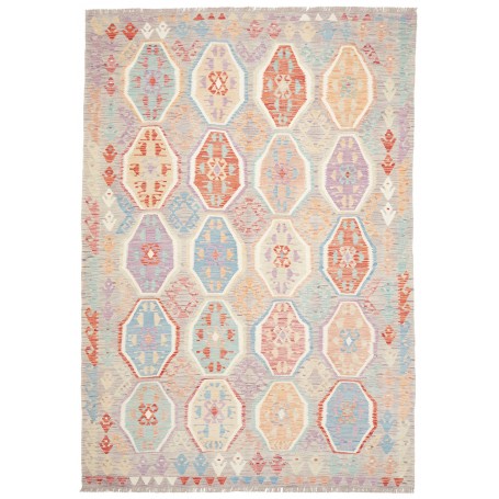 Tappeto Kilim Afghanistan Grigio Chiaro Corallo 202x298 cm