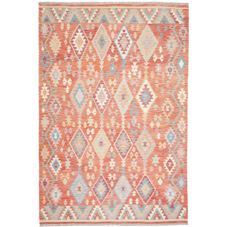 Tappeto Kilim Afghanistan Arancio Corallo Azzurro 201x298 cm