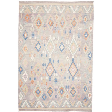 Tappeto Kilim Afghanistan Grigio Lilla Blu Pastello 200x295