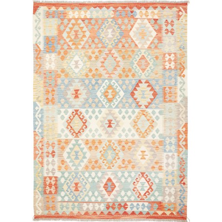 Tappeto Kilim Afghanistan Geometrico Arancio Blu 174x244 Cm