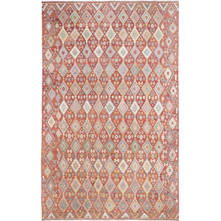 Tappeto Kilim Afghanistan Rosso Terracotta Blu Spento 304x49
