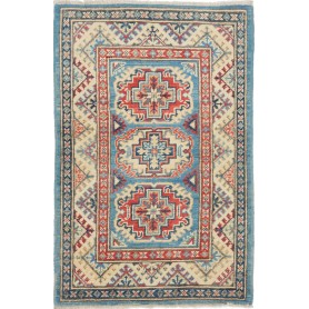 Tappeto Kazak Afghanistan Geometrico Blu Cielo Rosso Terraco