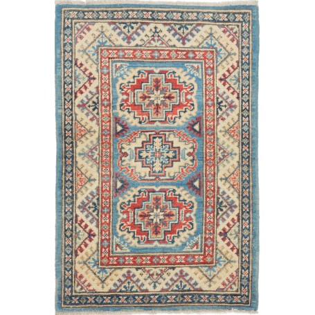 Tappeto Kazak Afghanistan Geometrico Blu Cielo Rosso Terraco