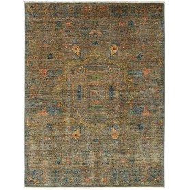 Tappeto Mamlouk Pakistan Geometrico Verde Muschio Invecchiat