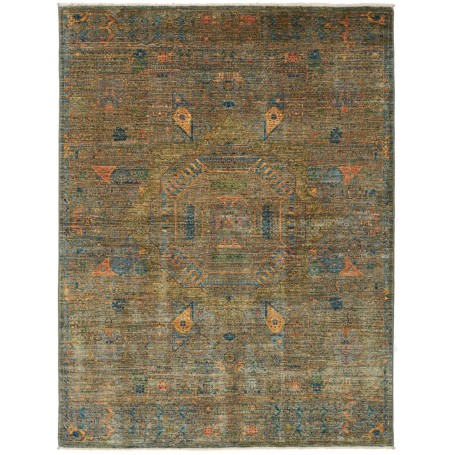 Tappeto Mamlouk Pakistan Geometrico Verde Muschio Invecchiat