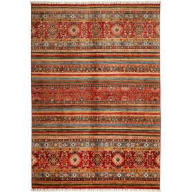 Tappeto Samarkand Pakistan Geometrico Rosso Turchese Ocra Ma
