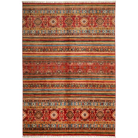 Tappeto Samarkand Pakistan Geometrico Rosso Turchese Ocra Ma