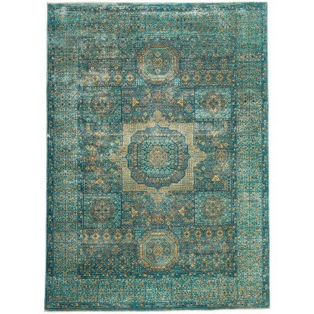 Tappeto Mamlouk Pakistan Medaglione Verde Acqua Oro Beige Ve