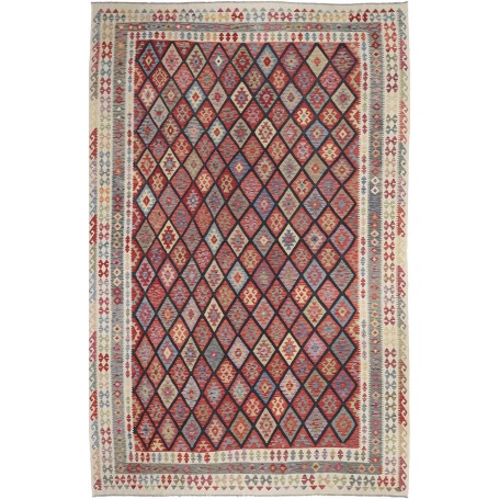 Tappeto Kilim Afghanistan Astratto Rosso Blu Beige Crema Ver
