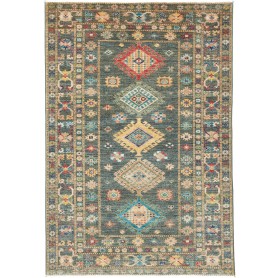 Tappeto Kazak Fine Pakistan Medaglione Verde Petrolio Rosso